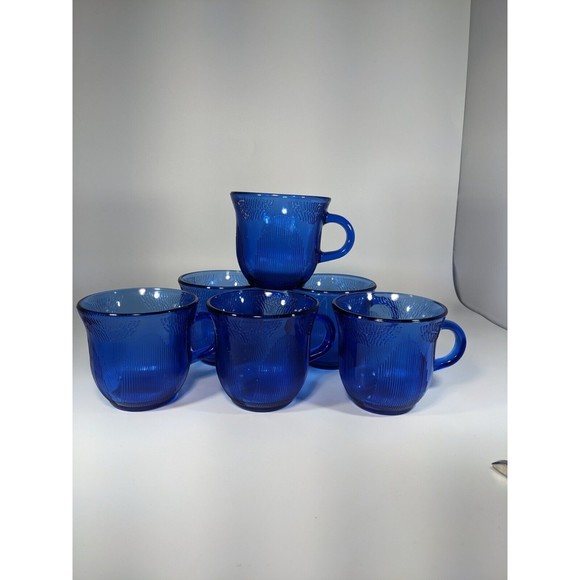 1950s Set of 6 ForteCrisa Mexico Sunflower Design Cobalt Blue Glass Coffee Cups - Picture 2 of 10